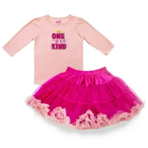 Only Girls Graphic 3/4 Puff Sleeved Top and Ruffled Tutu Skirt Set