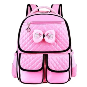 Girls School Backpack Pink Children Lovely Bowknot Plaid PU Leather Large Capacity Backpack School Student Shoulder Bag