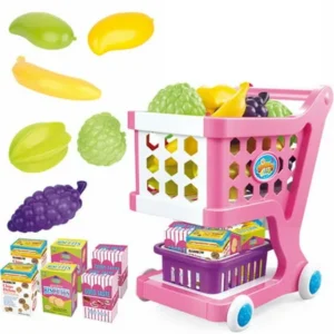 Pretend Play Toys Supermarket Cart Simulation Shopping Trolley with Fruits and Vegetables Toys for Kids