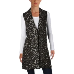 T Tahari Womens Demra Leopard Print Notch Collar Casual Vest