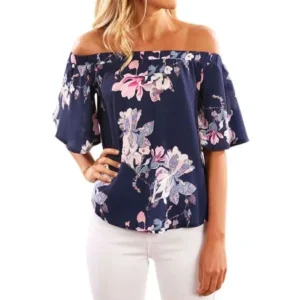 Nlife Women Floral Print Short Sleeve Off Shoulder Blouse