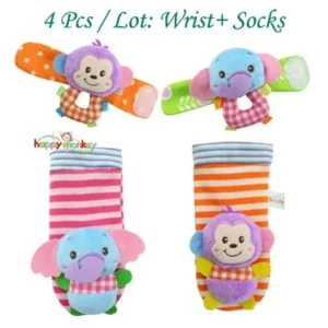Baby Animal Wrist Rattles Infant Hands Foots Finders Soft Developmental Toys (Monkey and Elephant), 4pcs Pack