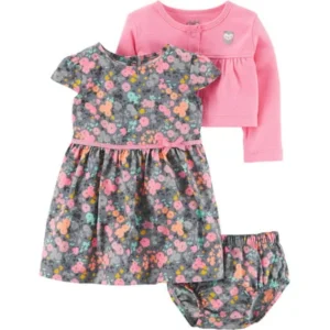 Child of Mine by Carter's Baby Girl Cardigan, Dress, and Diaper Cover, 3pc Outfit Set