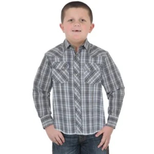 Wrangler Apparel Boys Navy/Brown Plaid Long Sleeve Snap Shirt