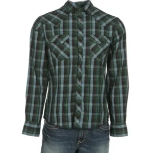 Wrangler Apparel Mens Green/Black Plaid Snap Shirt