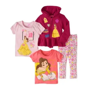 Disney Princess Little Girls' Belle Hoodie, 2 Pack T-Shirt and Legging 4 Piece Outfit Set