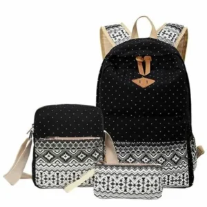 Set 3 Floral Canvas Backpack Casual Bookbags School Backpacks Bags Shoulder Wallet Bag for Girl (Black)