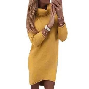 Nlife Women Turtle Collar Long Sleeve Solid Color Slim Fit Dress