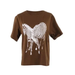 S/M Fit Brown Twin Zebras Grazing On The Ground Print Fashion T-Shirt