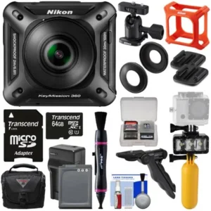 Nikon KeyMission 360 Wi-Fi Shock & Waterproof 4K Video Action Camera Camcorder + Mounts + 64GB Card + Battery + Case + Diving LED + Grip Tripod Kit