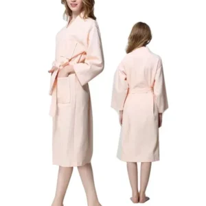 Lady Cotton Waffle Belted Spa Robe Knee-length Sleepwear Pink L Bathrobe