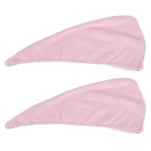 Unique Bargains Lady Bath Shower Quik Drying Towel Wrap Hair Dry Hat Cap Pink 57cm Length 2pcs for Home Essential