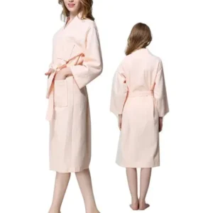 Unique Bargains Lady Cotton Waffle Kimono Bathrobe Belted Spa Robe Knee-length Sleepwear Pink L