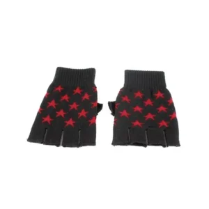 Unique Bargains Lady Red Star Pattern Elastic Ribbed Cuff Half Finger Warmer Gloves Black Pair