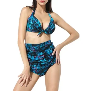 Women Retro High Waist Bikini Slimming Vintage Ruched Halter Swimsuit Blue US 4