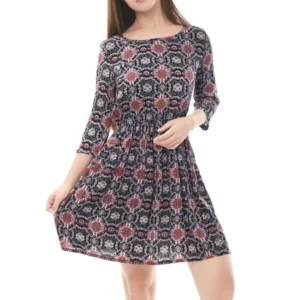 Woman Floral Prints 3/4 Sleeves Elastic Waist A Line Dress Skirt Black L (US 14)