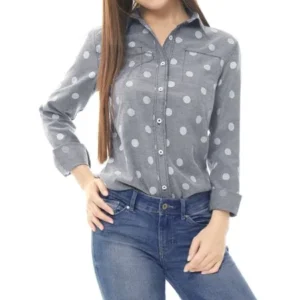 Unique Bargains Women's Polka Dots Single Breasted Long Sleeves Denim Shirt