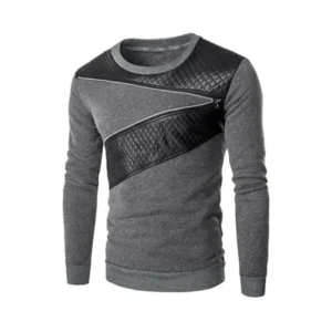 Unique Bargains Men's Zipper Design Pu Panel Contrast Color Slim Fit Sweatshirt