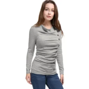 unique bargains women cowl neck long sleeves buttons decor ruched top