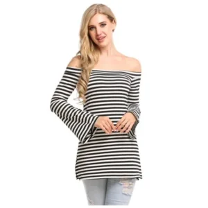 Big Clearance Women Off Shoulder Clothes Slash Neck Long Flare Sleeve Striped Elastic T-Shirt AMZSE