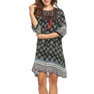 Black Friday SALES Best Seller Women Ethnic Styles V-Neck Embroidery Prints Lace-Up Loose T-Shirt Dress LEO