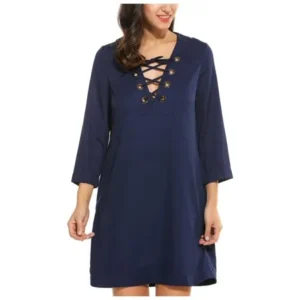 Women Fashion Lace-up V-Neck 3/4 Sleeve Solid Straight Short Dress DEAML