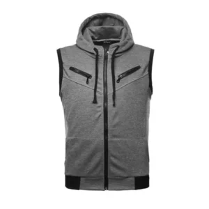 Men Kangaroo Pocket Zip Up Drawstring Hooded Vest