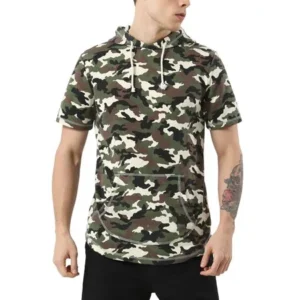 Unique Bargains Men Short Sleeves Camouflage Pattern Kangaroo Pocket Hoodie T-Shirt