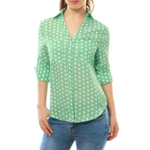 Women's Polka Dots Prints Button Placket Long Sleeves Casual Shirt Green M (US 10)