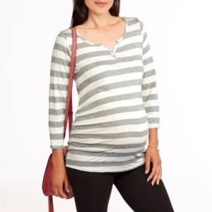 Maternity Roll Sleeve Striped Henley With Flattering Side Ruching