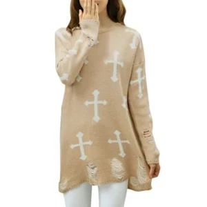 41048 Women Vintage Distressed Cross Printed Loose Tunic Soft Sweaters