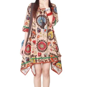 Unique Bargains Women's Floral Print Irregular Hem Loose Tunic Dress Khaki