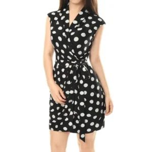 Women Wrap Dress Sleeveless Tie Waist Above Knee Polka Dots Wrap Dress Skirt Black S (US 6)