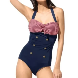 Unique Bargains Women Vintage One Piece Swimsuit Striped Bow Halter Bathing Suit