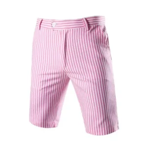 Unique Bargains Men's Four Pockets Vertical Stripes Casual Chino Shorts Pink (Size W28