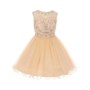 Girls Champagne Beaded Tulle Corset Short Junior Bridesmaid Dress