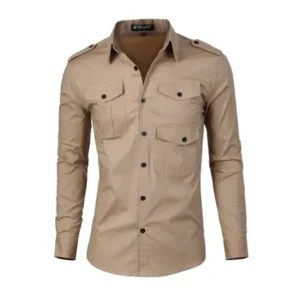 Unique Bargains Men's Point Collar Long Sleeve 3 Flap Pockets Front Button Down Shirt