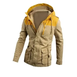 Unique Bargains Men's Zip Up Bottom Tab Epaulets Single Breasted Hooded Jacket
