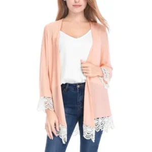 Unique Bargains Women Lace Trim Bracelet Sleeves Chiffon Cardigan