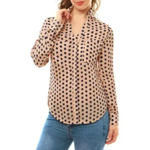 Women's Polka Dots Prints Button Placket Long Sleeves Casual Shirt Pink M (US 10)