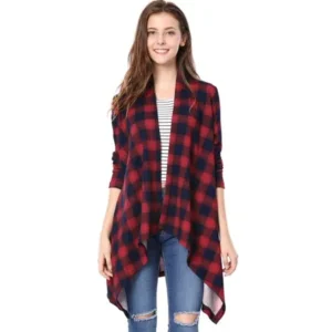 Unique Bargains Loose Open Front Handkerchief Hem Tartan Plaid Cardigan(Women's)