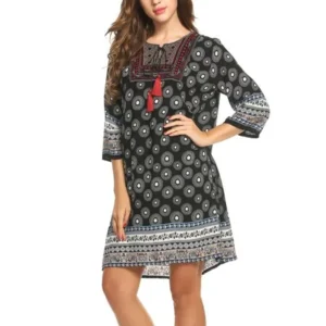 Best Seller Women Ethnic Styles V-Neck Embroidery Prints Lace-Up Loose T-Shirt Dress HDPML
