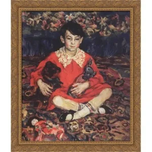 Portrait of girl sitting on a colorful carpet with the toys. (Kamushka Benediktova). 28x32 Large Gold Ornate Wood Framed Canvas Art by Pyotr Konchalovsky