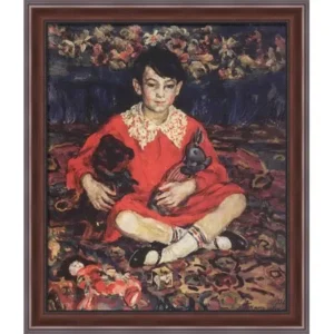 Portrait of girl sitting on a colorful carpet with the toys. (Kamushka Benediktova). 28x32 Large Walnut Ornate Wood Framed Canvas Art by Pyotr Konchalovsky