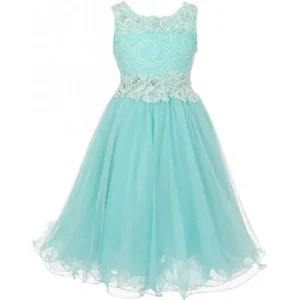 Big Girls' Elegant Sleeveless Lace Mesh Rhinestone See Through Pageant Flowers Girls Dress Aqua 10 (CC50C10)