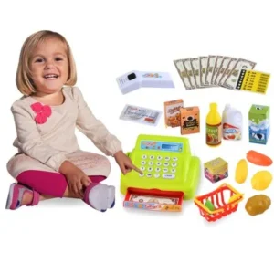 Kimimart Kids Pretend play Shopping Cashier Toy Set with Electronic Calculator,Scanner,Food Grocery Basket for Math Learning