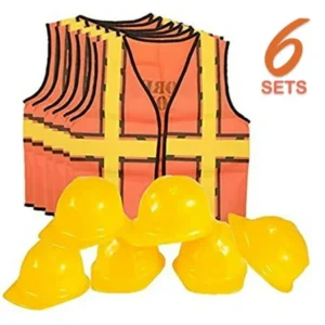 Kids Dress Up Construction Set - 6 Construction Worker Vest with 6 Construction Worker Soft Plastic Construction Helmets Hat