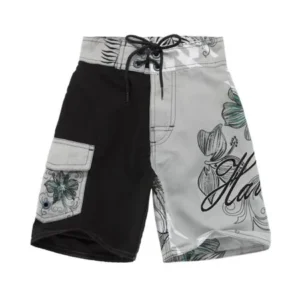 Boy Hawaiian Swimwear Board Shorts with Tie in Black and Grey Floral 6 Year Old