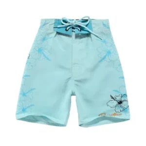 Boy Hawaiian Swimwear Board Shorts with Tie in Ice Blue with Floral Print