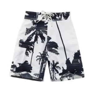 Boy Hawaiian Swimwear Board Shorts with Tie in White with Navy Palm Print 2 Year Old